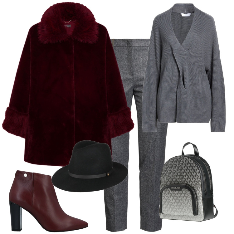 Outfit donna - Casual chic in ufficio grigio bordeaux. Stile Casual chic per Ufficio. Abbinamento con pullovers, stivaletti, pantaloni, zaini, cappelli, cappotti.