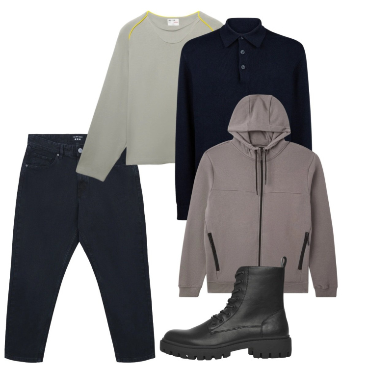 Outfit uomo - Layering. Stile Urban per Tutti i giorni. Abbinamento con anfibi, jeans dritti, felpe con cappuccio, t-shirt, polo.