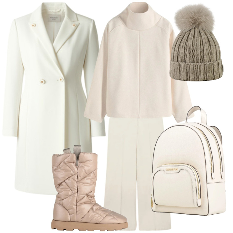 Outfit donna - Confortevole sotto la neve. Stile Glamour per Ufficio. Abbinamento con maglieria, zaini, stivaletti, berretti, cappotti, pantaloni chino.