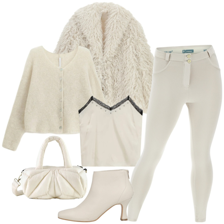 Outfit donna - Total look #2315851. Stile Glamour per Serata fuori. Abbinamento con stivaletti, top, ecopellicce, cardigans, pantaloni skinny, borse a mano.