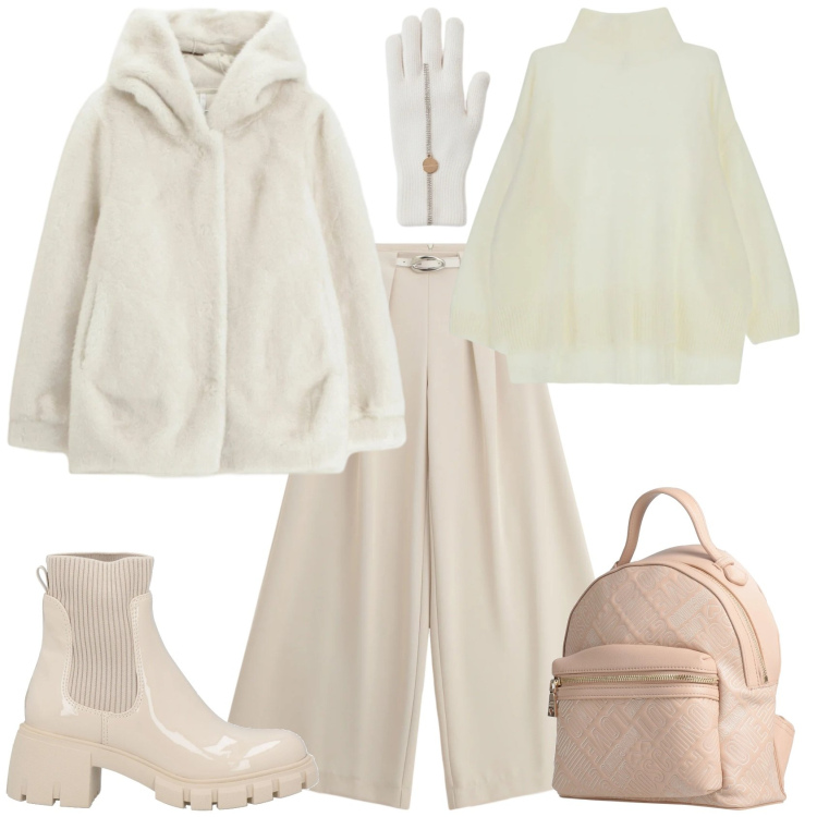 Outfit donna - Trendy ogni giorno evento. Stile Trendy per Tutti i giorni. Abbinamento con stivaletti, zaini, ecopellicce, maglieria, pantaloni a palazzo, guanti.