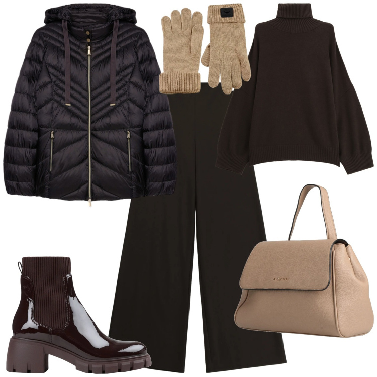 Outfit donna - Trendy in ufficio cioccolato. Stile Trendy per Ufficio. Abbinamento con zaini, stivaletti, pantaloni a palazzo, maglieria, guanti, piumini.