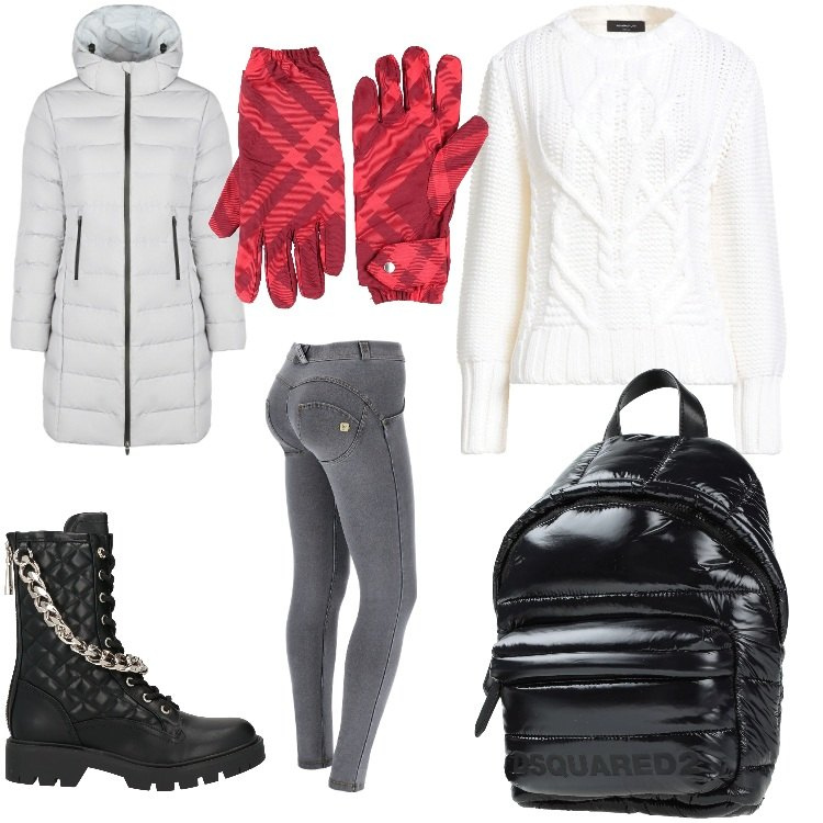 Outfit donna - Wintergrey. Stile Urban Abbinamento con anfibi, pullovers, guanti, zaini, jeggings, cappotti.