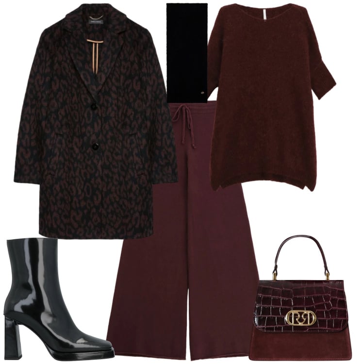 Outfit donna - Casual chic serata. Stile Casual chic per Serata fuori. Abbinamento con stivaletti, maglieria, pantaloni a palazzo, sciarpe, borse a mano, cappotti.
