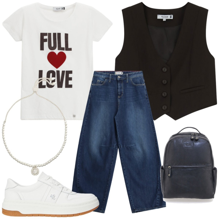 Outfit donna - Total look #2315872. Stile Casual per Tutti i giorni. Abbinamento con t-shirt, jeans, gilet, braccialetti, sneakers, zaini.