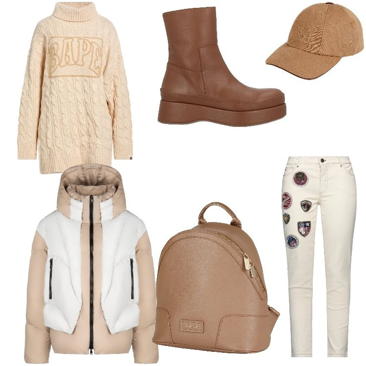 Outfit donna - Un caldo abbraccio. per Scuola/Università. Abbinamento con jeans slim fit, zaini, maglieria, stivaletti, cappelli con visiera, piumini.
