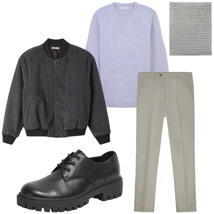 Outfit uomo - Total look #2315877. Stile Trendy per Tutti i giorni. Abbinamento con scarpe stringate, maglieria, scaldacollo, bomber, pantaloni chino.