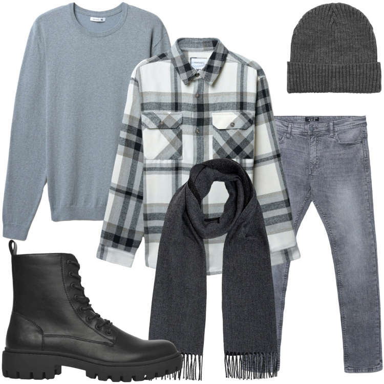 Outfit uomo - Total look grigio. Stile Casual per Tutti i giorni. Abbinamento con anfibi, berretti, cappotti, maglieria, jeans skinny, sciarpe.