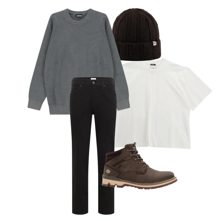 Outfit uomo - Gennaio a strati. Stile Urban per Tutti i giorni. Abbinamento con jeans dritti, stivali e stivaletti, t-shirt, pullovers, berretti.