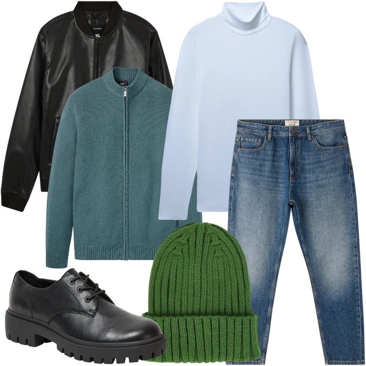 Outfit uomo - Jeans e cardigan. Stile Urban per Tutti i giorni. Abbinamento con cardigans, bomber, scarpe stringate, jeans, t-shirt, berretti.