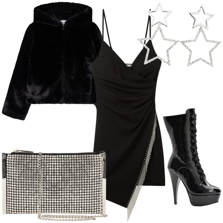 Outfit donna - Sexy night. Stile Sexy per Serata fuori. Abbinamento con stivaletti, pochette, vestiti corti, orecchini, ecopellicce.