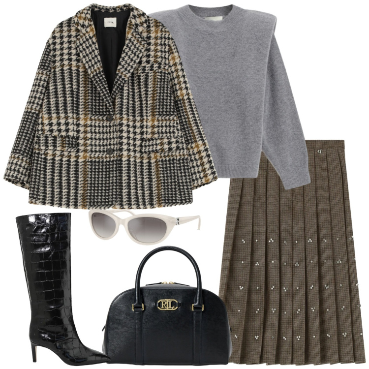 Outfit donna - Mix and match. Stile Trendy per Ufficio. Abbinamento con gonne, blazer, stivali, maglieria, occhiali da sole, borse a mano.