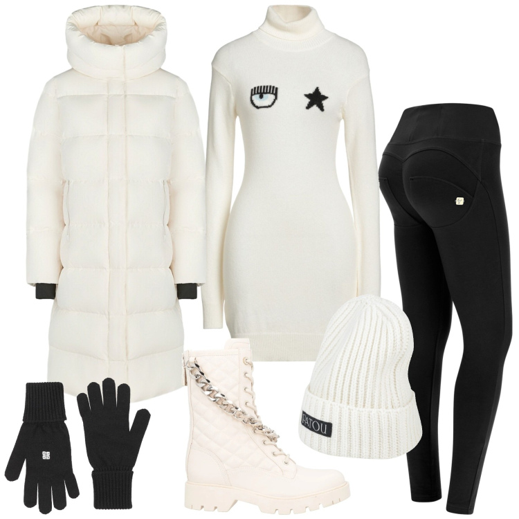 Outfit donna - Confortevole sotto la neve - Curvy. Stile Sporty chic per Tutti i giorni. Abbinamento con anfibi, guanti, maglieria, cappelli, pantaloni skinny, piumini.