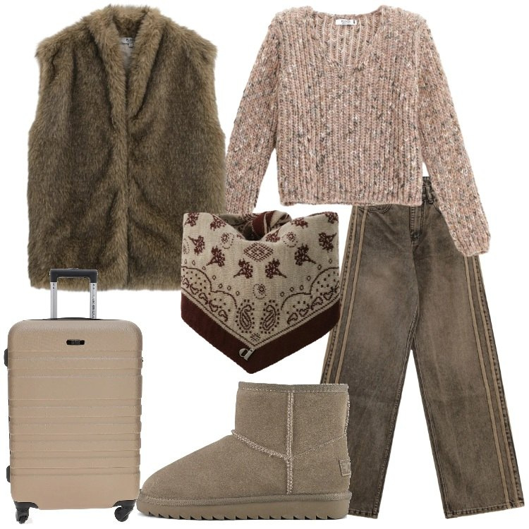 Outfit donna - Please - Saldi FW 2025. Stile Trendy per Tutti i giorni. Abbinamento con jeans, maglieria, blazer, foulard, stivali, valigie.