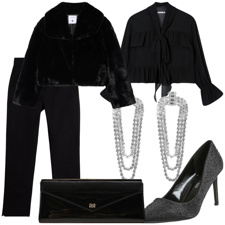 Outfit donna - Sparkling night. Stile Chic per Serata fuori. Abbinamento con orecchini, décolleté, ecopellicce, camicie, pantaloni, pochette.
