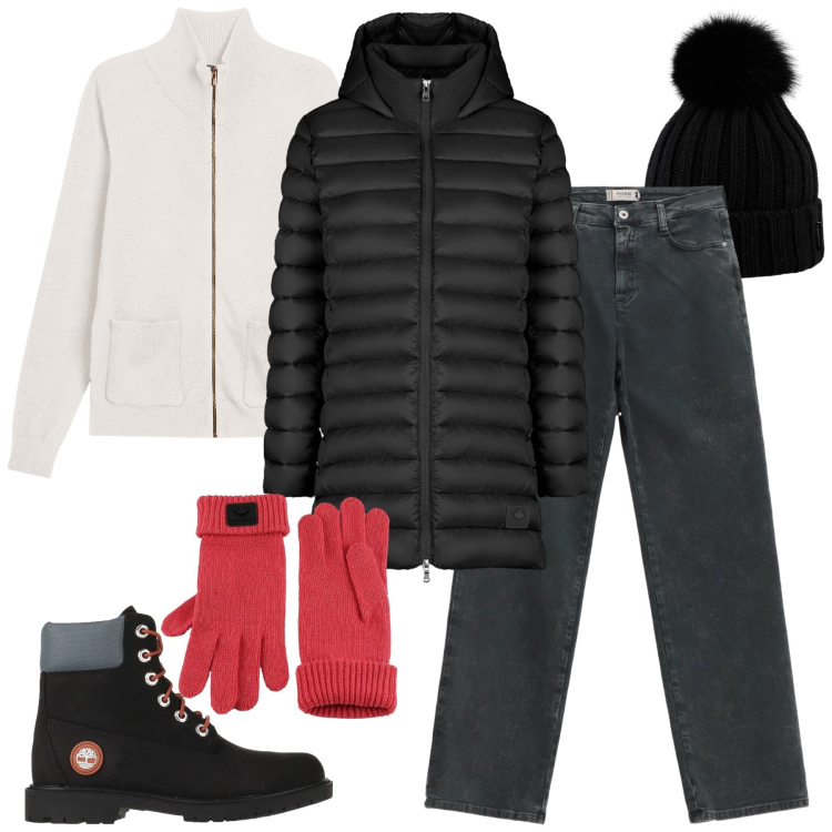 Outfit donna - Wrapped in Style. Stile Casual chic per Tutti i giorni. Abbinamento con stivaletti, jeans dritti, maglieria, piumini, guanti, berretti.