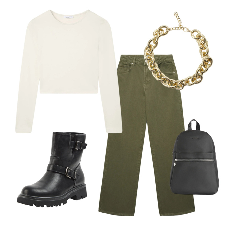 Outfit donna - Golden detail. Stile Casual per Tutti i giorni. Abbinamento con jeans, t-shirt, stivaletti, collane, zaini.