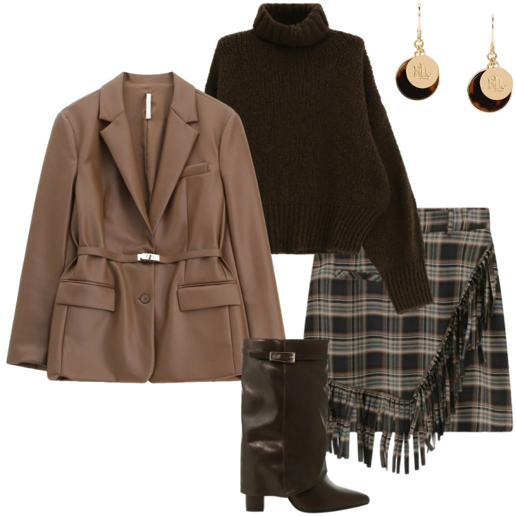 Outfit donna - Saldi Imperial 25. Stile Casual chic per Serata fuori. Abbinamento con minigonne, blazer, stivali, maglieria, orecchini.