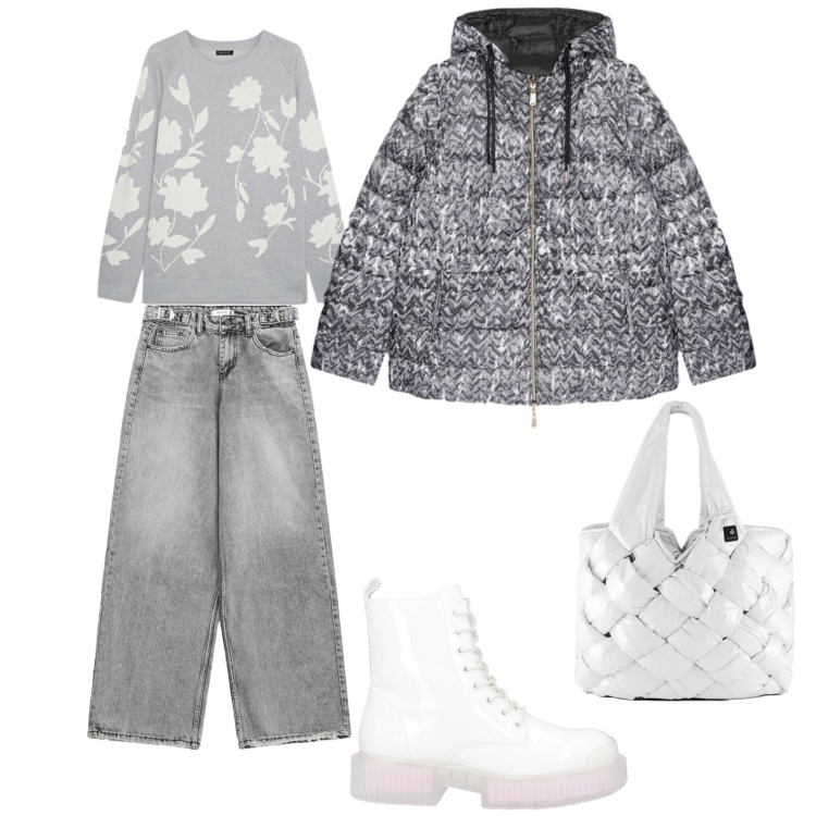Outfit donna - Total look #2315899. Stile Minimal per Tutti i giorni. Abbinamento con stivaletti, jeans, borse tote, maglieria, piumini.