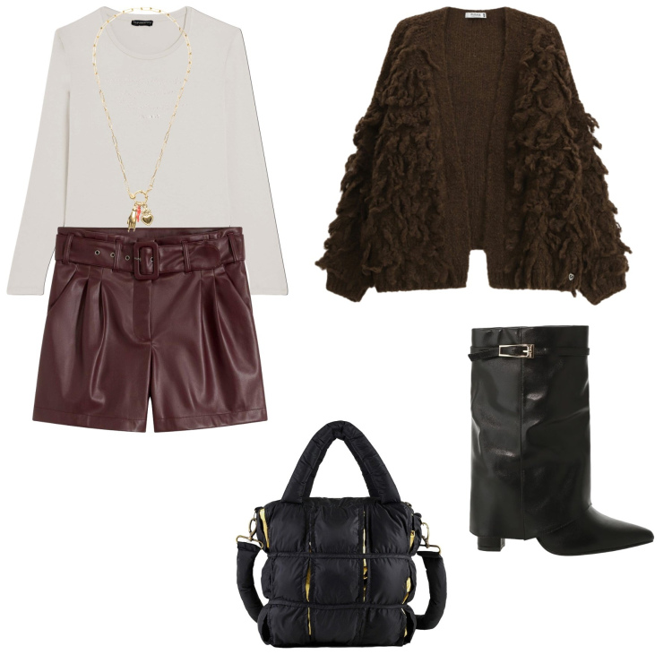 Outfit donna - Elegante alla moda. Stile Glamour per Tutti i giorni. Abbinamento con shorts, cardigans, stivali, t-shirt, ciondoli, borse a mano.