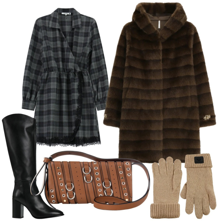 Outfit donna - Total look #2315904. Stile Preppy per Tutti i giorni. Abbinamento con stivali, ecopellicce, borse a spalla, vestiti corti, guanti.