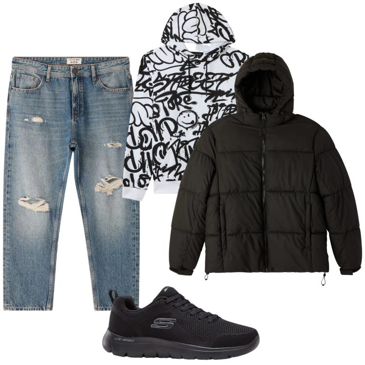 Outfit uomo - Jeans strappati. Stile Urban per Tutti i giorni. Abbinamento con sneakers, felpe con cappuccio, jeans strappati, bomber.