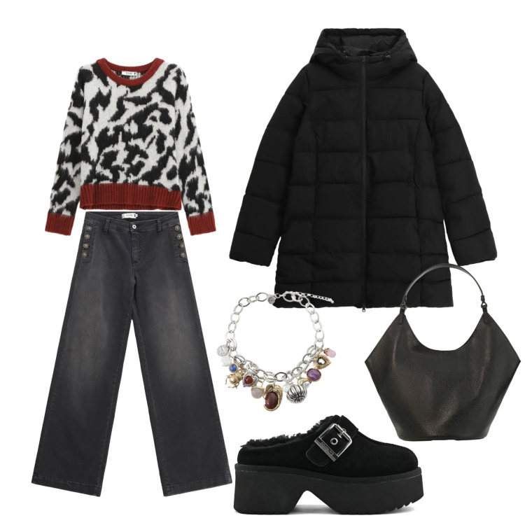 Outfit donna - Total look #2315914. Stile Casual per Tutti i giorni. Abbinamento con jeans, giacche, pullovers, borse a spalla, braccialetti con ciondoli, sabot.