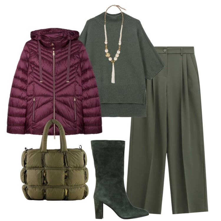 Outfit donna - Knitwear oversize al lavoro. Stile Glamour per Ufficio. Abbinamento con stivaletti, pantaloni a palazzo, maglieria, borse a mano, piumini, ciondoli.
