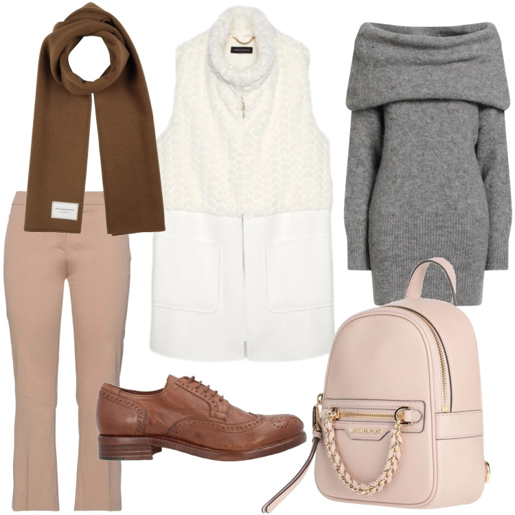Outfit donna - Rientro in città. Stile Minimal per Tutti i giorni. Abbinamento con scarpe stringate, zaini, sciarpe, maglieria, pantaloni, gilet.