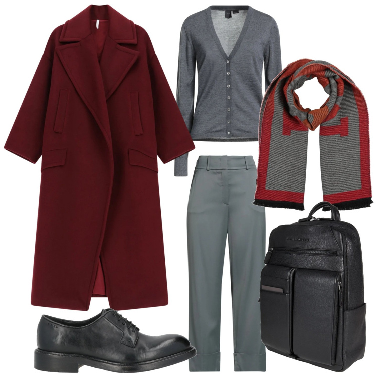 Outfit donna - Cappotto e cardigan. Stile Glamour per Ufficio. Abbinamento con sciarpe, pantaloni, zaini, scarpe stringate, cardigans, cappotti.
