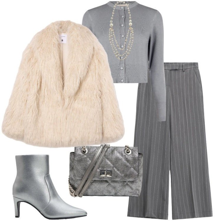Outfit donna - Anno nuovo. Stile Sporty chic per Serata fuori. Abbinamento con stivaletti, borse a tracolla, ecopellicce, pantaloni a palazzo, collane, cardigans.