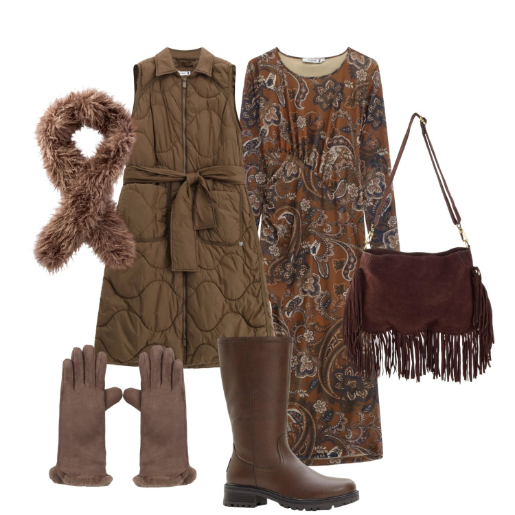 Outfit donna - Gennaio boho. Stile Boho per Tutti i giorni. Abbinamento con borse a tracolla, stivali, sciarpe, guanti, vestiti midi/longuette, blazer.