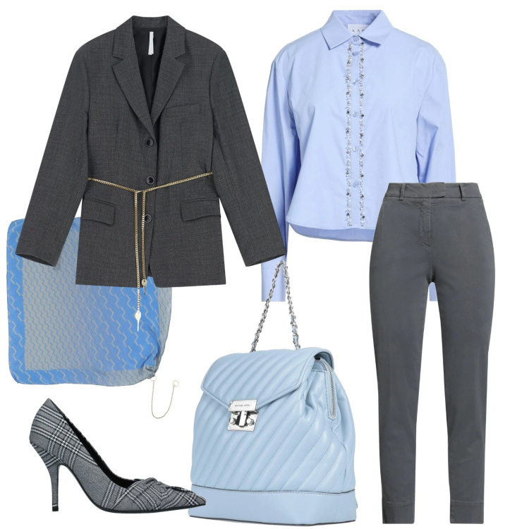 Outfit donna - Cristalli e bon ton. Stile Bon Ton per Ufficio. Abbinamento con camicie, zaini, pantaloni skinny, décolleté, sciarpe, blazer.