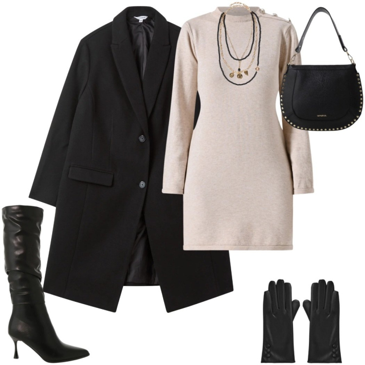 Outfit donna - Anno nuovo. Stile Casual per Ufficio. Abbinamento con guanti, cappotti, stivali sopra il ginocchio, borse a spalla, vestiti corti, collane.