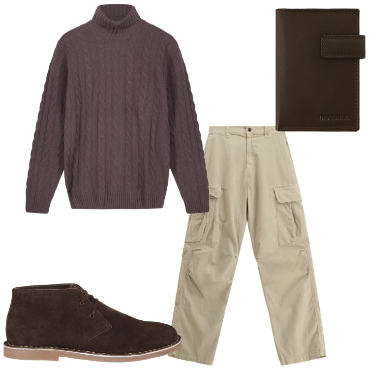 Outfit uomo - Gennaio. Stile Casual per Ufficio. Abbinamento con pantaloni cargo, portafogli, stivali e stivaletti, maglieria.