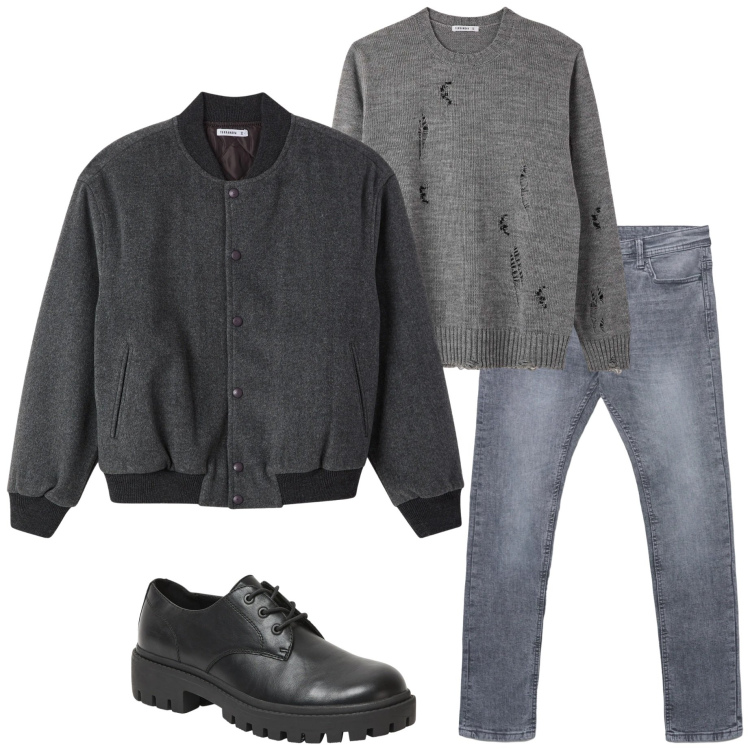 Outfit uomo - Urban invernale. Stile Urban per Tutti i giorni. Abbinamento con scarpe stringate, jeans skinny, bomber, maglieria.