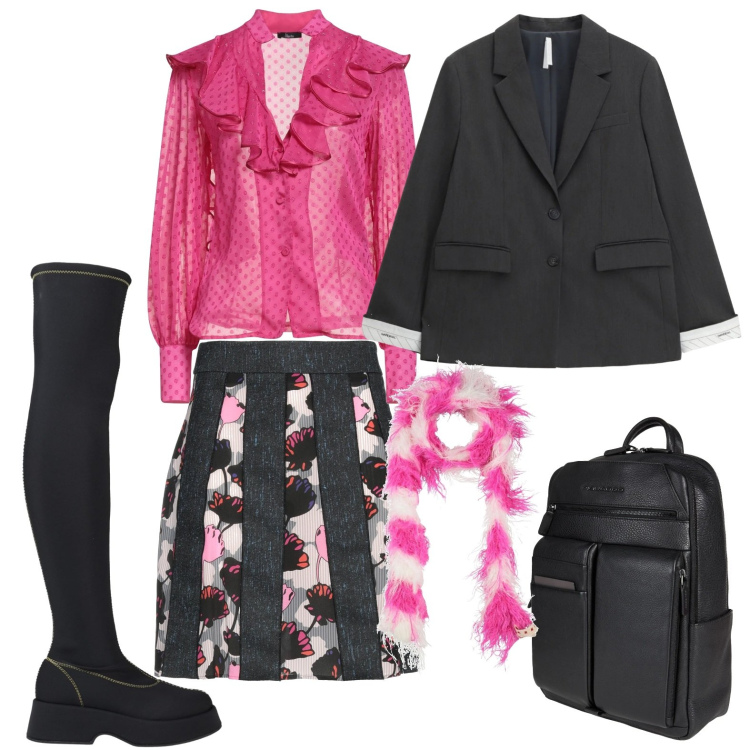 Outfit donna - Qualche nota di colore. Stile Minimal per Ufficio. Abbinamento con minigonne, stivali sopra il ginocchio, zaini, sciarpe, camicie, blazer.