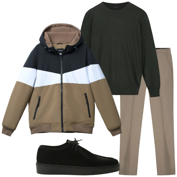 Outfit uomo - Gennaio. Stile Casual per Tutti i giorni. Abbinamento con piumini, scarpe stringate, maglieria, pantaloni.