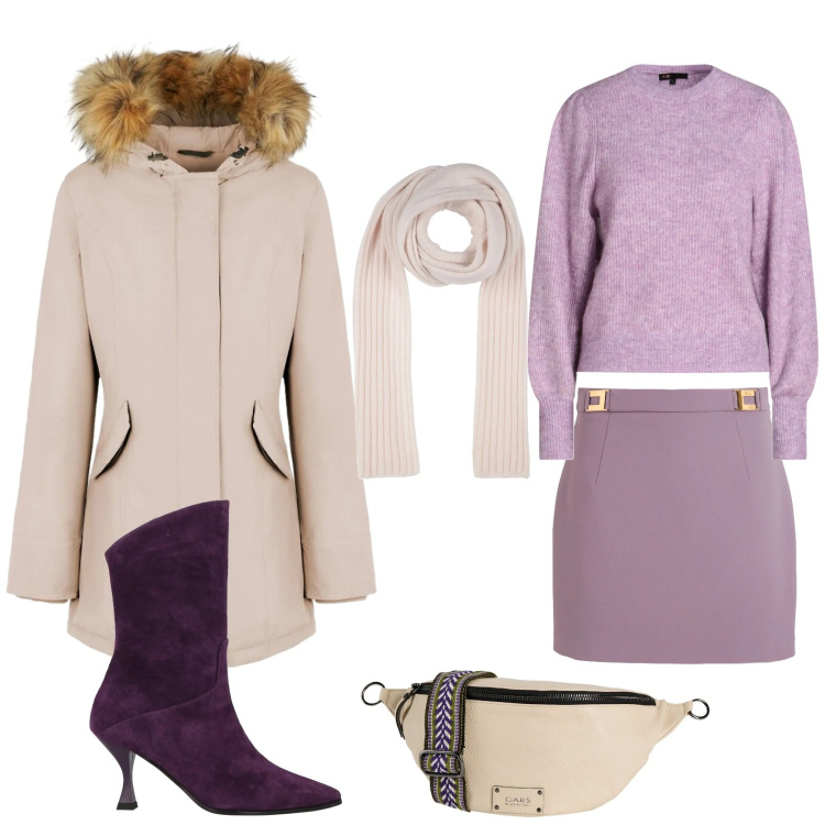 Outfit donna - Combinazione semplice. Stile Chic per Serata fuori. Abbinamento con marsupi, sciarpe, pullovers, minigonne, stivaletti, parka.