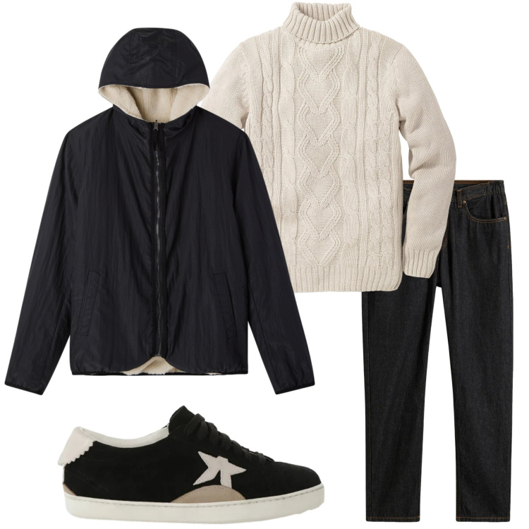 Outfit uomo - Serata con amici. Stile Casual per Serata speciale. Abbinamento con jeans dritti, maglieria, giacche, sneakers.