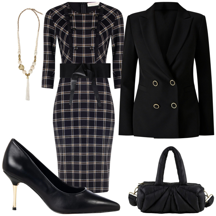 Outfit donna - Eleganza Geometrica in Nero e Oro. Stile Urban per Tutti i giorni. Abbinamento con cinture, borse a mano, vestiti a tubino, blazer, décolleté, ciondoli.