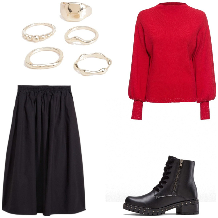 Outfit femme - Rock #25. Style Rock pour Tous les jours. Assortir avec pulls, bottes, jupes au genou, bagues.