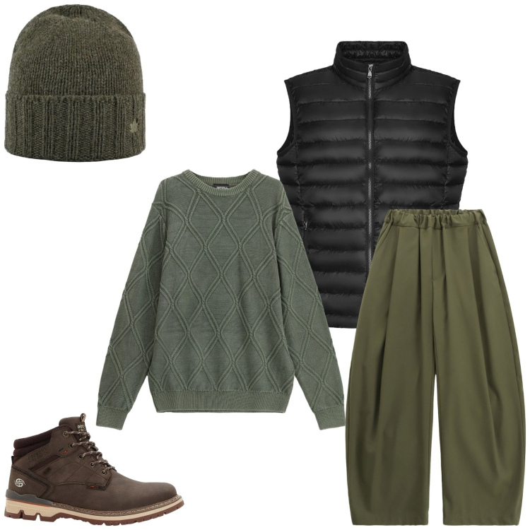 Outfit uomo - Total look #2315970. Stile Casual per Tutti i giorni. Abbinamento con stivali e stivaletti, pantaloni, maglieria, cappelli, piumini.