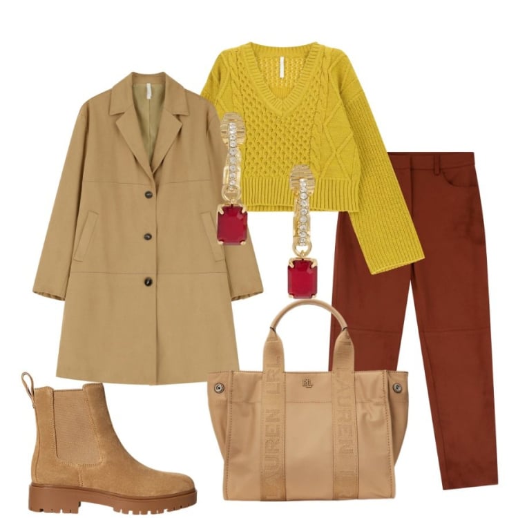 Outfit donna - Chic d\'inverno. Stile Boho per Tutti i giorni. Abbinamento con cappotti, pantaloni chino, maglieria, stivaletti chelsea, borse tote, orecchini.