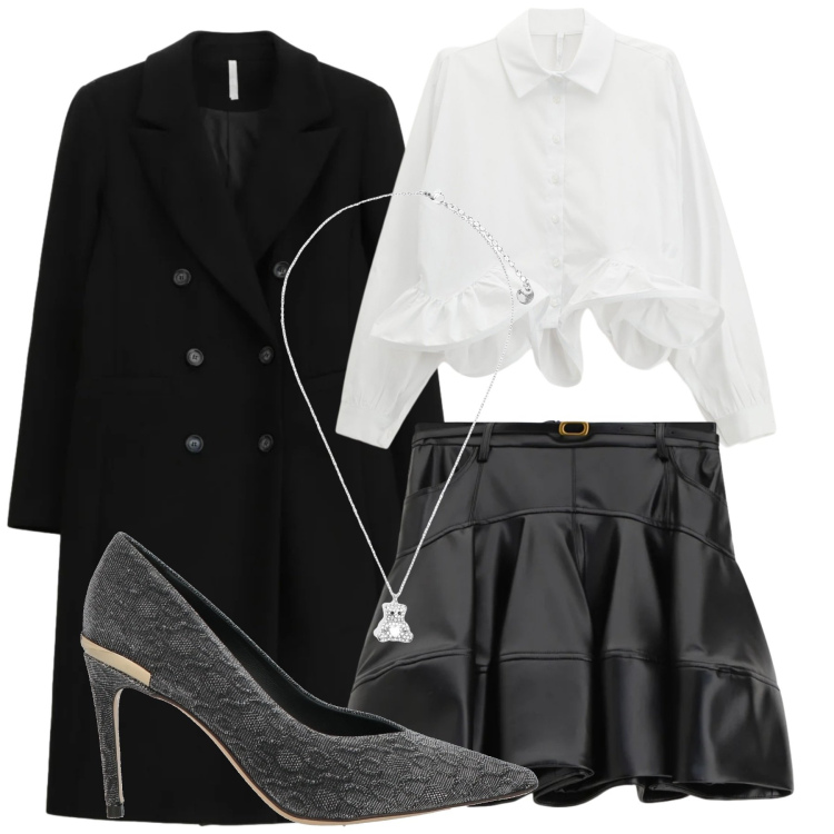 Outfit donna - Cappotto e black&white. Stile Chic per Serata fuori. Abbinamento con décolleté, camicie, cappotti, minigonne, ciondoli.