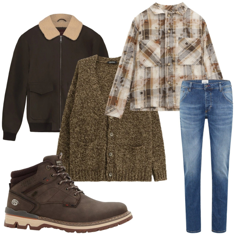 Outfit uomo - In casa di campagna. Stile Casual per Tutti i giorni. Abbinamento con jeans dritti, stivali e stivaletti, camicie, cardigans, bomber.