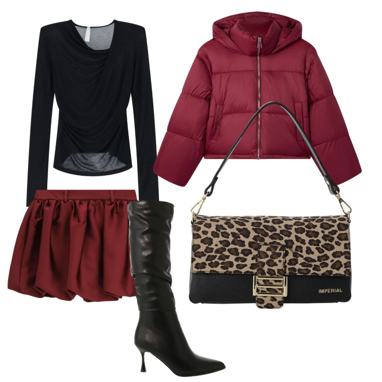 Outfit donna - Nero e bordeaux. Stile Casual chic per Serata fuori. Abbinamento con bomber, borse a spalla, minigonne, stivali sopra il ginocchio, bluse.
