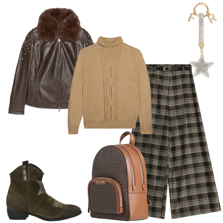 Outfit donna - Total look #2315998. Stile Casual chic per Tutti i giorni. Abbinamento con stivaletti texani, zaini, pantaloni a palazzo, maglieria, giacche, portachiavi.