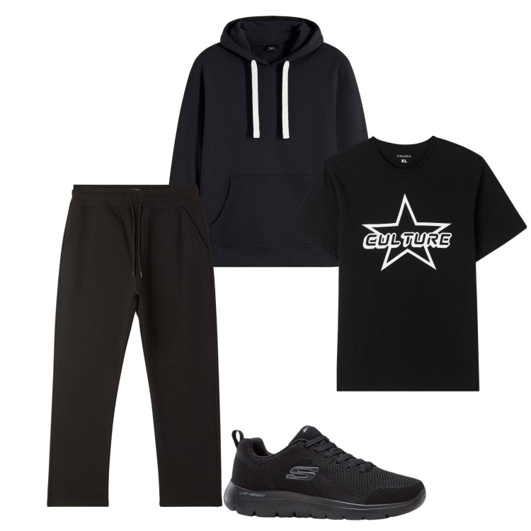 Outfit uomo - Total look #2316003. Stile Urban per Tutti i giorni. Abbinamento con sneakers, felpe con cappuccio, t-shirt, pantaloni.