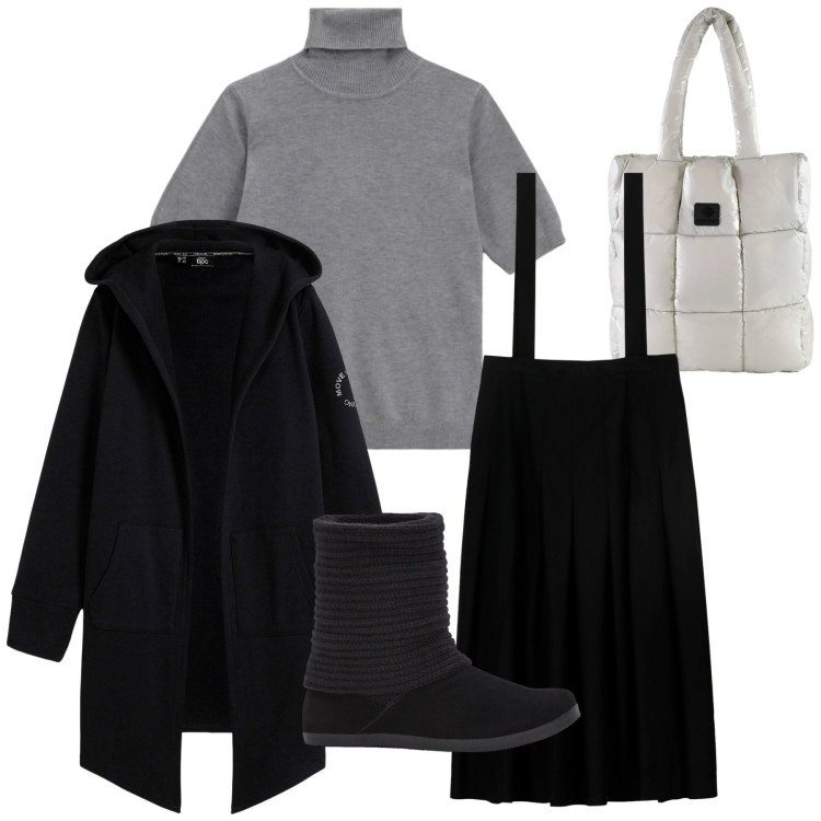 Outfit donna - Total black. Stile Preppy per Ufficio. Abbinamento con blazer, stivali, maglieria, shopping bag, gonne lunghe.